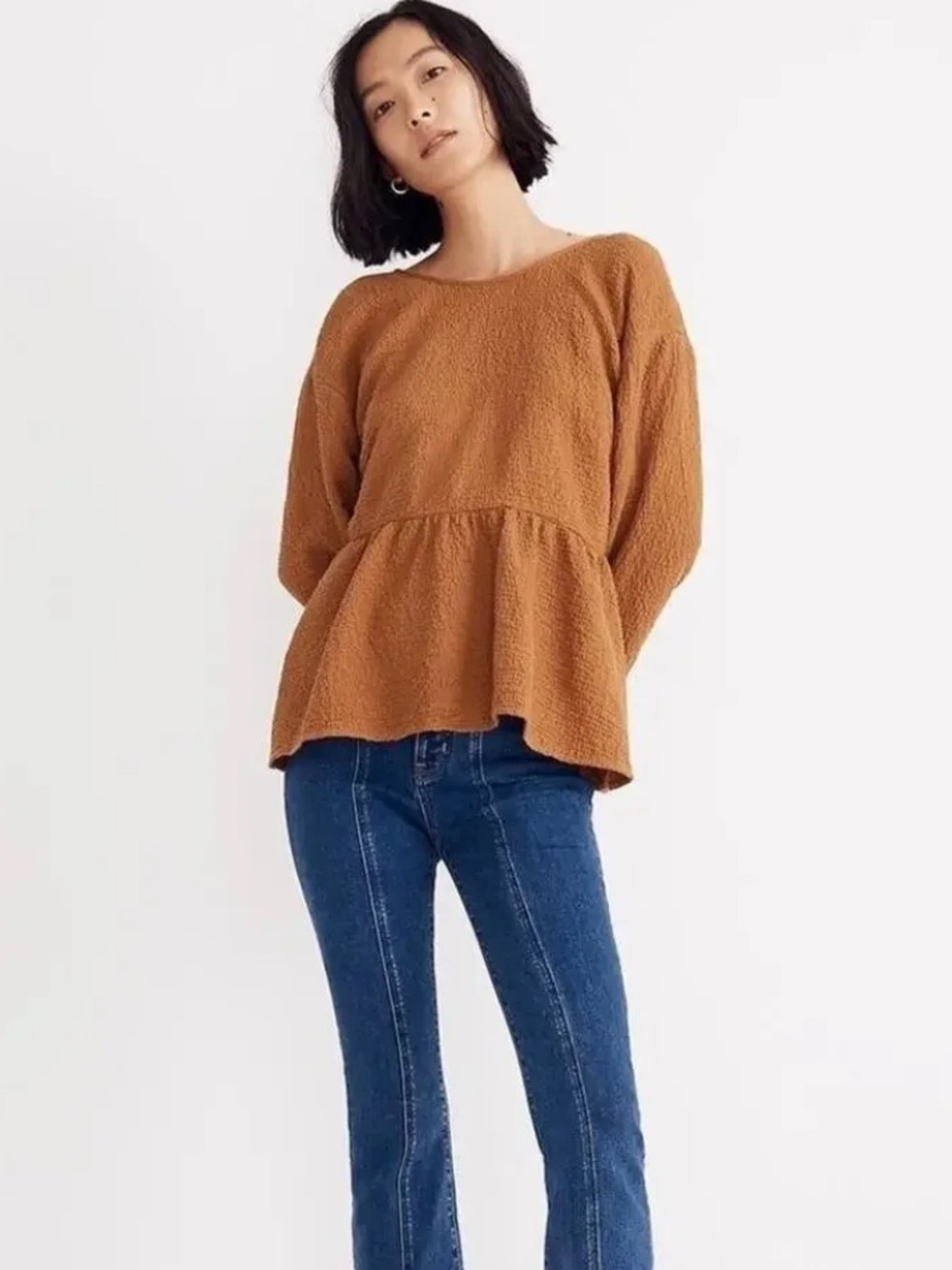 MADEWELL Peplum Open Back Top Carmel Toffee Medium CA Textured Boho